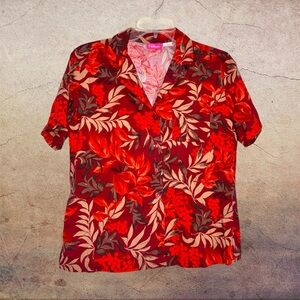 Pappagallo Vintage Style Red Floral Button-Front Short Sleeve Hawaiian Top S